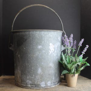 May include: A vintage galvanised metal bucket with a curved handle. The bucket is cylindrical and shows signs of wear with white paint marks. A small pot of lavender is next to the bucket.