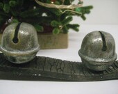 Antique Sleigh Bells on Leather Strap // 5 Brass Petal Bells // Sleigh Bells // Christmas Decor // Primitive Patina