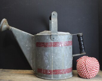 Vintage Galvanized Watering Can With Red Stripes Farm House  Cottage Garden