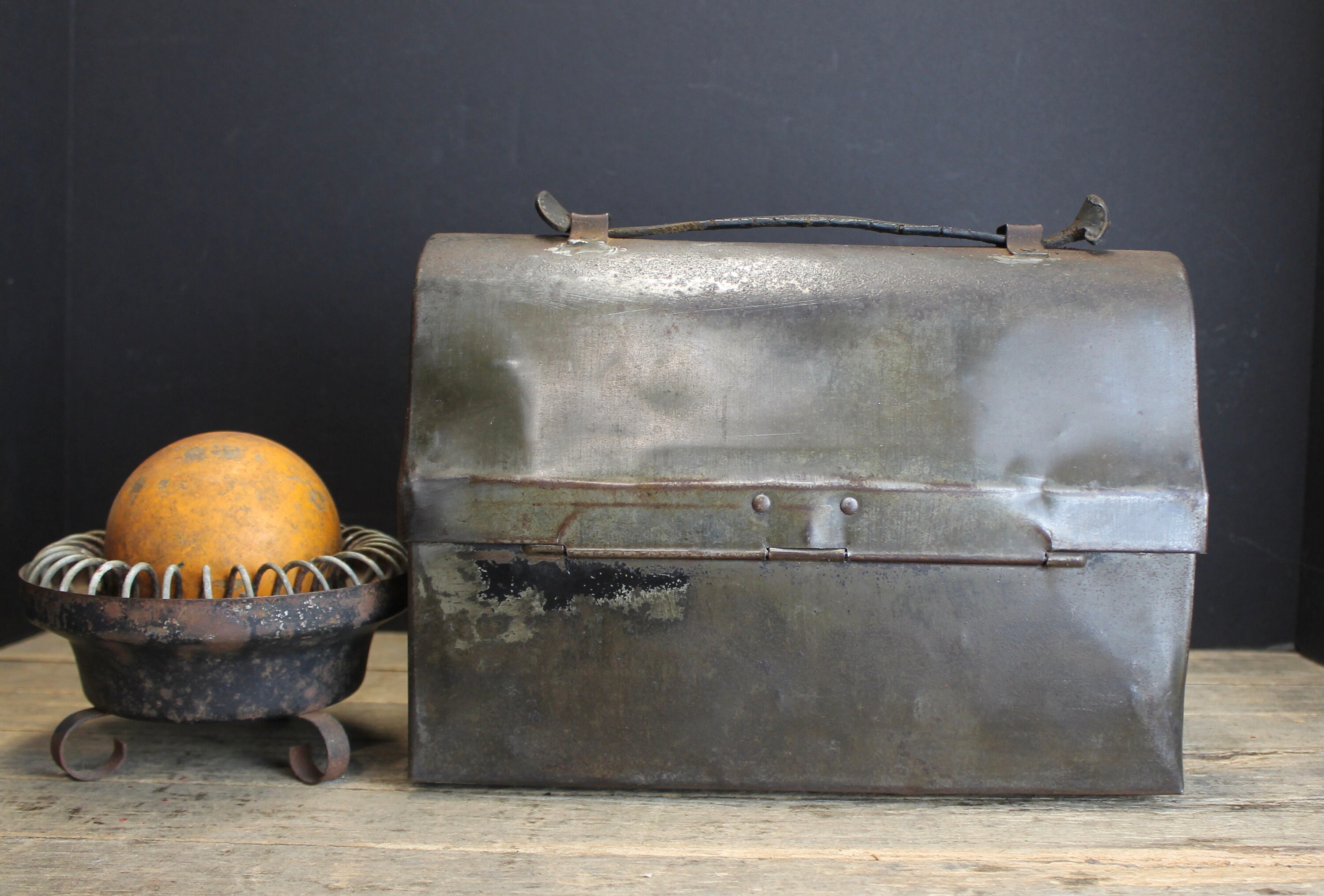 Antique Black Metal Lunch Pail With Leather Handle with Etsy
