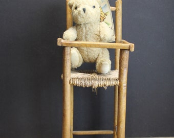 Vintage  Primitive Doll Highchair  Rush Seat Wood  Flip Up tray