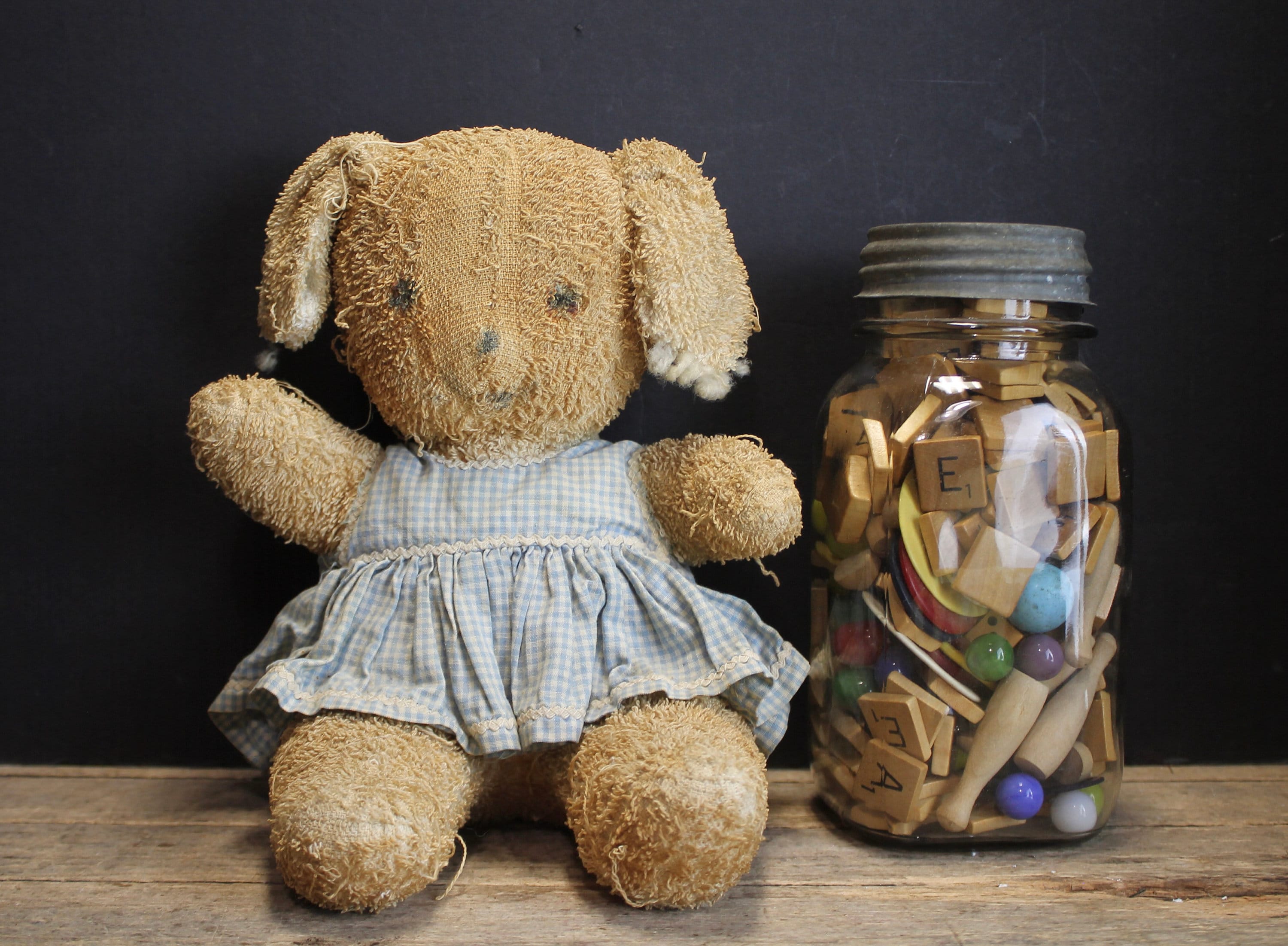ぬいぐるみ vintage teddy bear with check dress Vintage Scruffy Terry Cloth Teddy Bear With Gingham Dress - Etsy