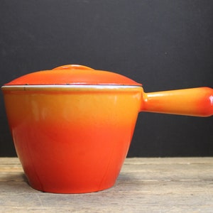 Vintage Cast Iron Enameled Pot and Lid Flame Orange
