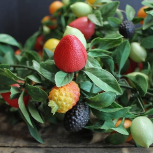 Vintage Plastic Fruit Garland Strand 90&quot; Berries, Apples Oranges, Lemons, Greenery