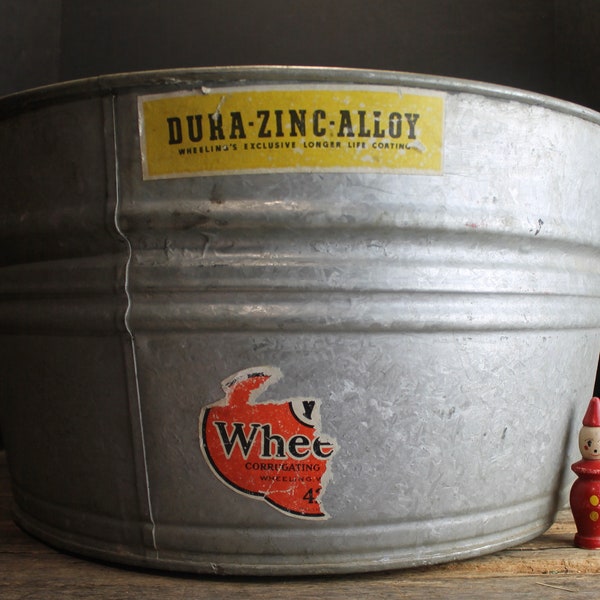 Vintage Aged Round Wheeler No 2 Galvanized Basin - Garden - Rustic Wine Cooler - Planter - Dog Wash Tub
