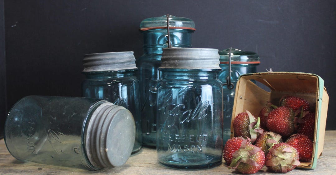 5 Vintage Blue Ball Jar Set, Zinc & Bale Lids, Canning Jars - Etsy