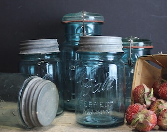 5 Vintage Blue Ball Jar Set, Zinc & Bale Lids, Canning Jars