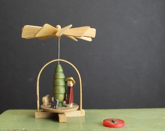 Vintage Miniature Wood Carousel With Tree, Sheperd, and Sheep Revolving