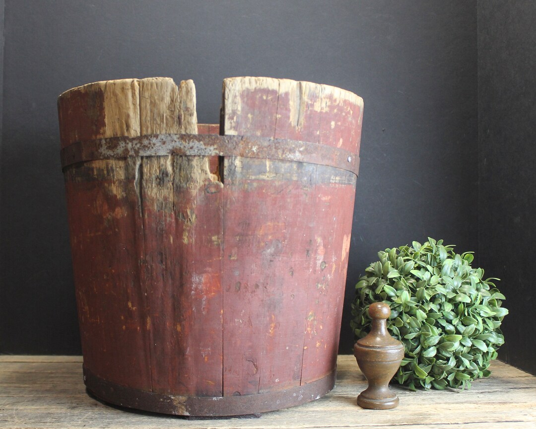 Old Primitive Antique Wood Sap Bucket Aged Red Paint Metal Etsy