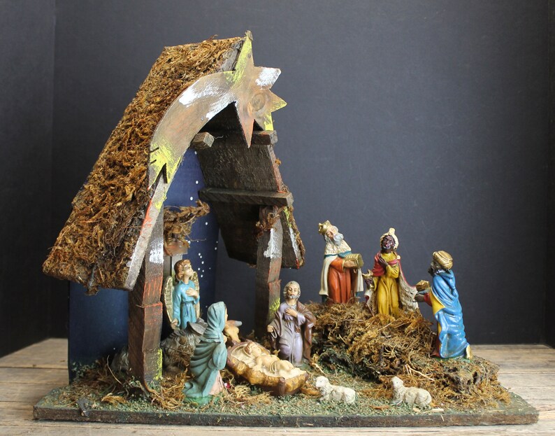 Vintage Mid Century Lighted Nativity With 11 Figurines Made in Etsy