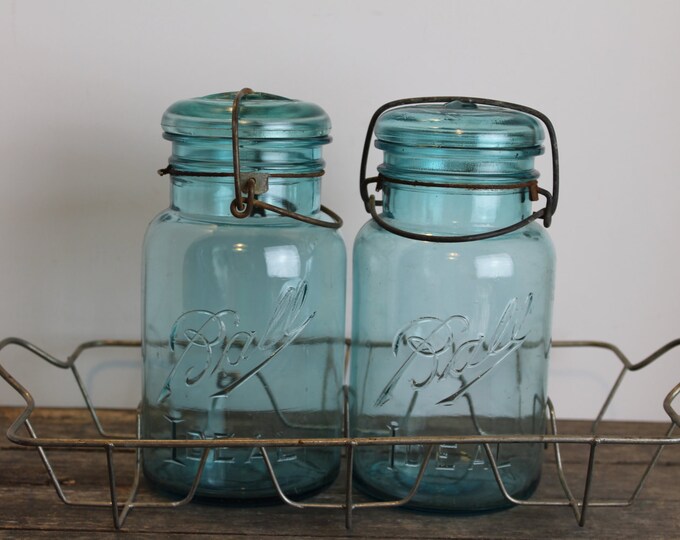 Vintage Blue Quart Canning Jars in Wire Metal Rack // Ball Etsy