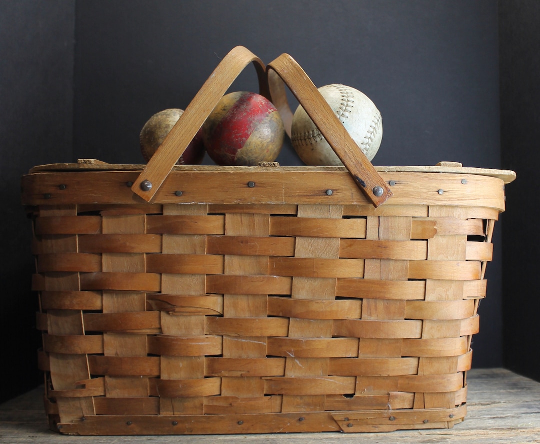 Vintage Picnic Basket Wood Handles and Lid Woven Wood Knitting Supply