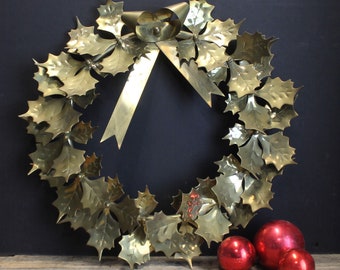 Vintage Solid Brass Holly Christmas Wreath Montgomery Ward's  15 Inch Holly 1950s