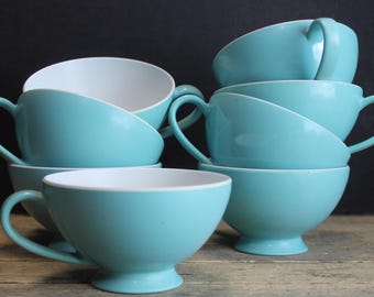 Vintage TEXAS-WARE Blaue Melamin Tassen mit Weißem Inneren