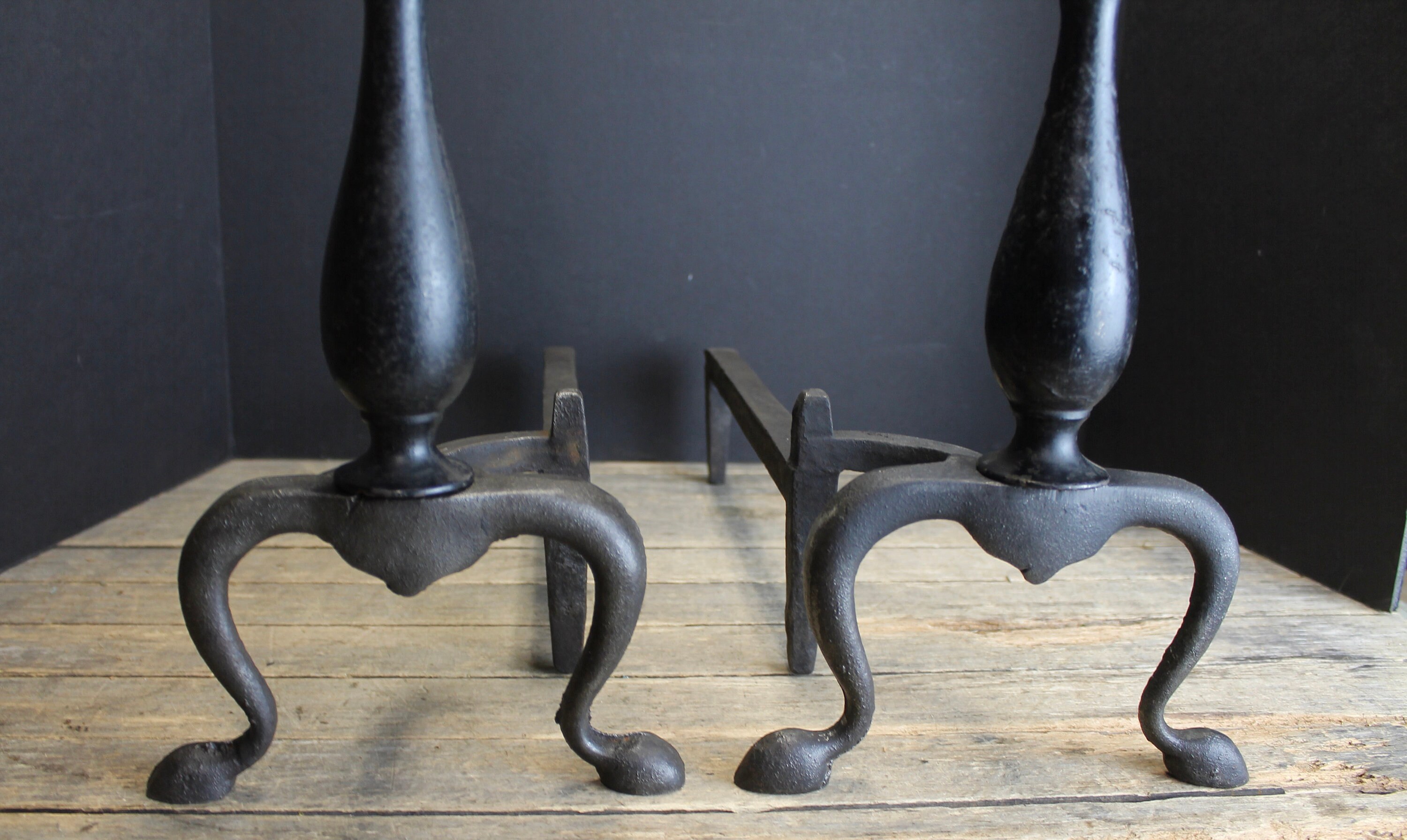 Vintage Classic Andirons Federal Style Urn Finials Brass and Cast Iron
