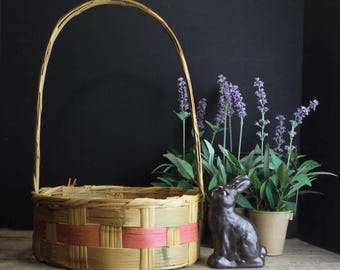 Vintage Easter Basket With Yellow Grass // Woven // Green and Pink // Long Handle