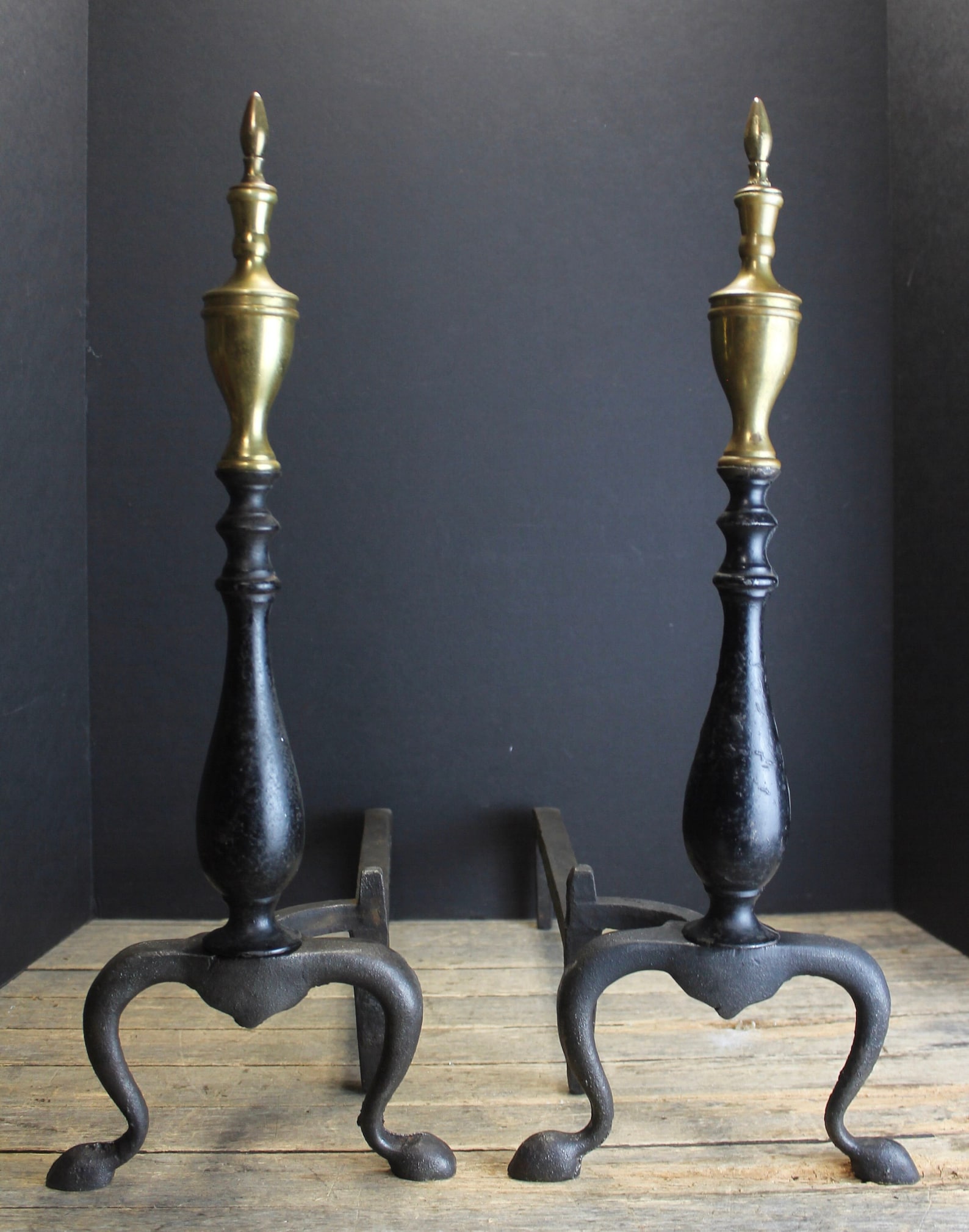 Vintage Classic Andirons Federal Style Urn Finials Brass and Cast Iron