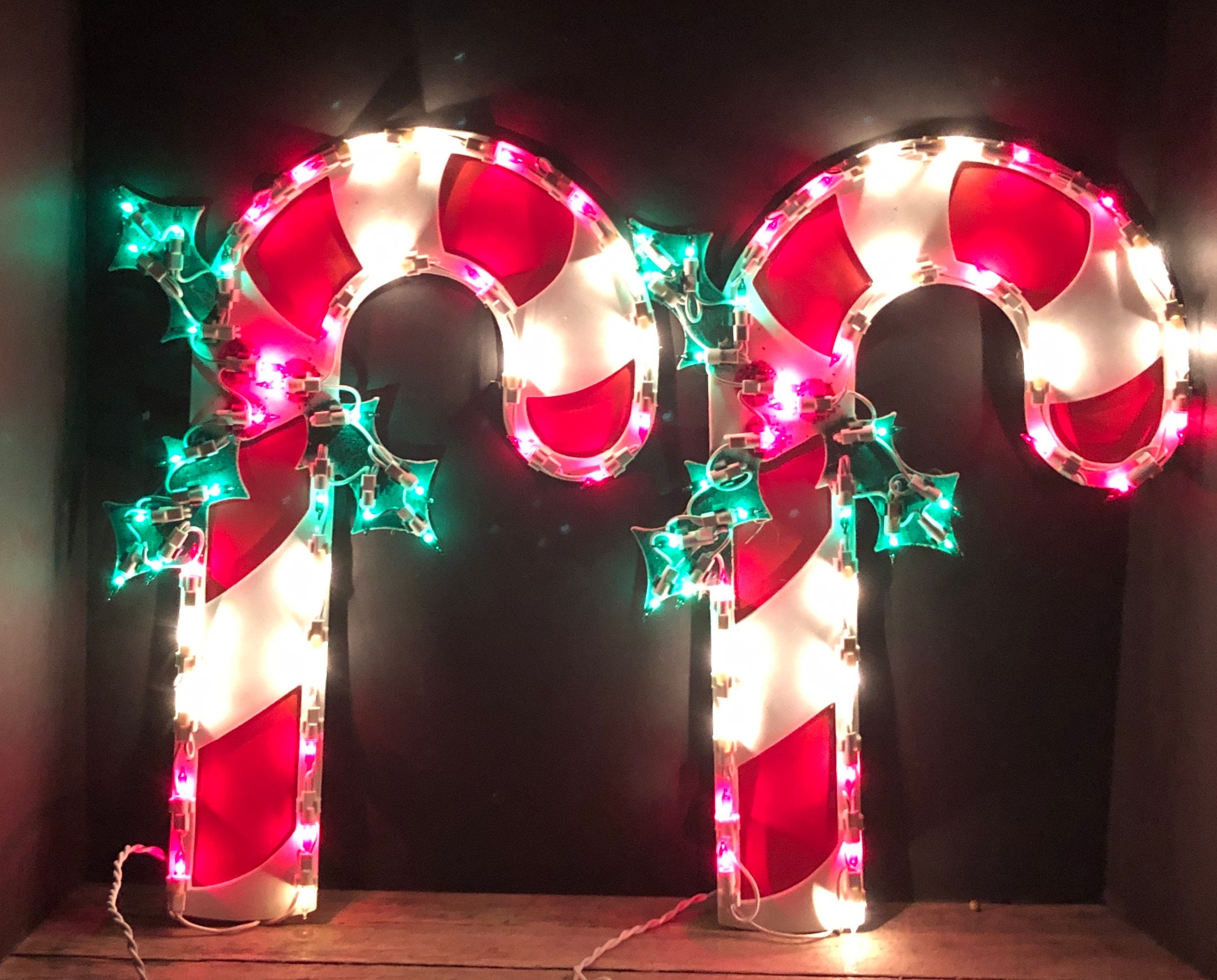 2 Lighted Plastic Candy Canes Holiday Time Retro Christmas Wondow Decor