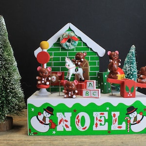 1991 Animated Brinn&#39;s Christmas Music Box  With Bears  Swinging, Rocking, Teeter Totter and Riding Ball  Plays Toy Land