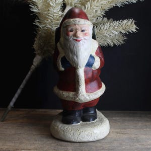 Rare Vintage Molded Plastic Santa Feather Tree Stand with White Feather Tree