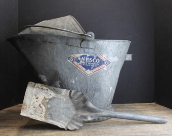 Vintage Nesco Galvanized Metal Ash Bin and Shovel Coal Bucket  Fireplace Accessory