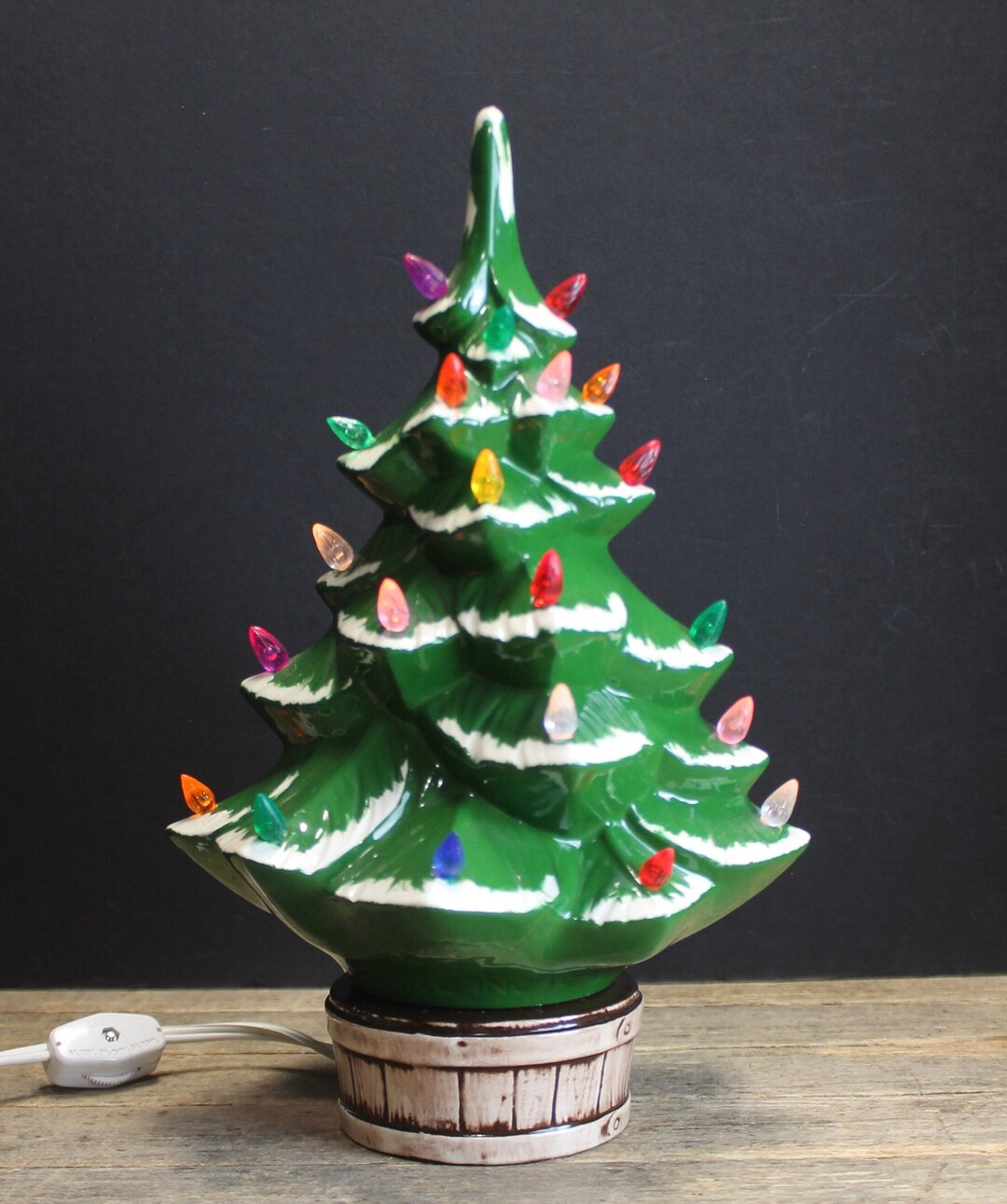 Vintage Rare Flocked Green Ceramic Tree With Barrel Base Etsy
