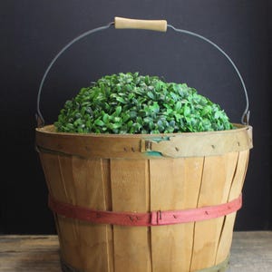 Vintage Wood Bushel Basket With Swing Handle Rustic Primitive Farmhouse Red and Green Bands