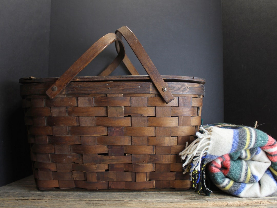 Vintage Aged Woven Wood Picnic Basket Wood Handles Etsy