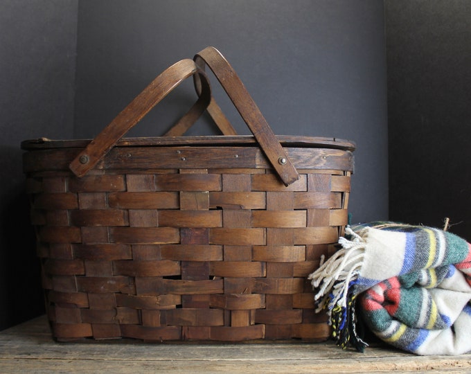 Vintage Aged Woven Wood Picnic Basket Wood Handles Etsy
