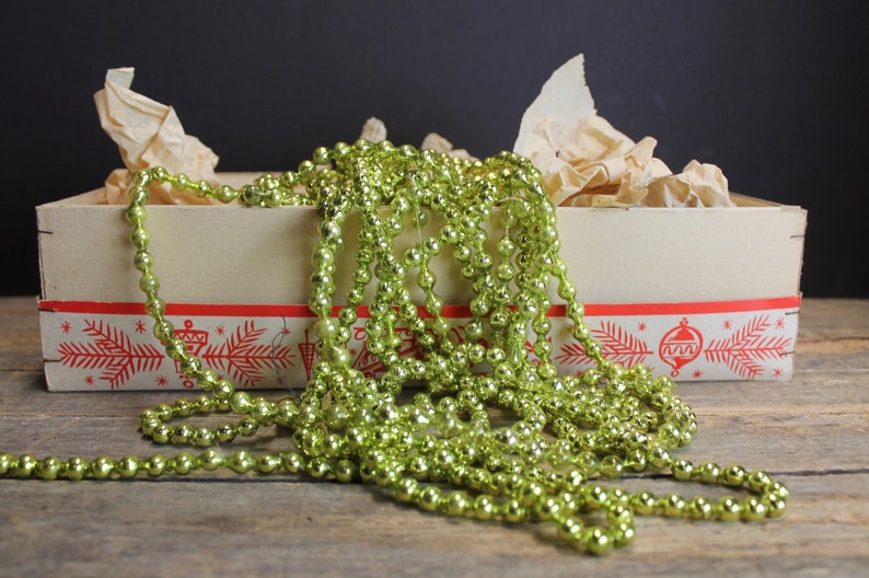 Vintage Aged Chartreuse Green Mercury Glass Ornament Beads 17.8 Feet Garland Supplies