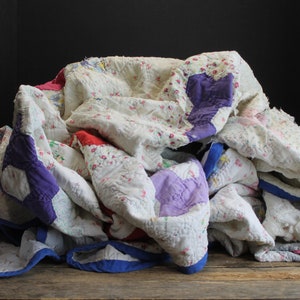 Vintage Shabby Cotton Quilt  Multi Patterned Squares  81 x 70