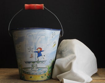 Vintage Madeleine Litho Painted Metal Bucket With Red Wood Handle
