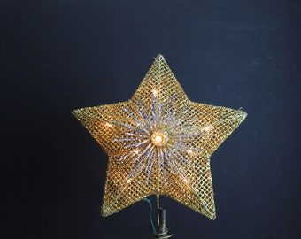 Vintage Lighted Star Tree Topper Glittered Gold and Silver Kurt Adler Santa's World