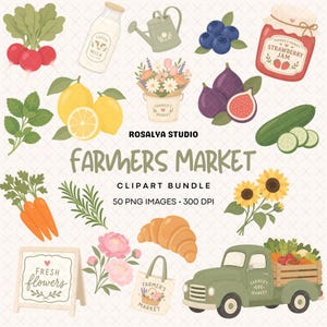 Könnte beinhalten: Eine digitale Clipart-Sammlung mit Bauernmarkt-Artikeln, darunter Radieschen, Milch, eine Gießkanne, Blaubeeren, Erdbeermarmelade, Zitronen, ein Blumeneimer, Feigen, eine Gurke, Karotten, Rosmarin, ein Croissant, Sonnenblumen, ein LKW und Schilder.