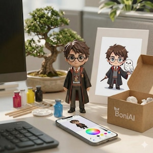 Op de afbeelding: Een beeldje van een personage met een bril en een zwarte toga, naast een ingelijste illustratie van hetzelfde personage met een toverstaf en een uil. Een smartphone toont een kleurenpalet en het personage. Verfpotten, penselen en een bonsai-boom zijn ook aanwezig.