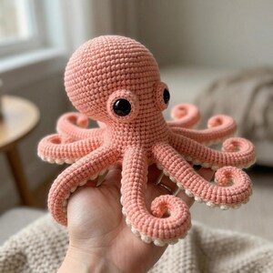 Pode incluir: Um polvo de crochê feito à mão em uma cor coral suave. O polvo tem olhos grandes e pretos e oito tentáculos enrolados com bordas brancas. O brinquedo de pelúcia é segurado em uma mão, mostrando a costura detalhada e o artesanato do design amigurumi.