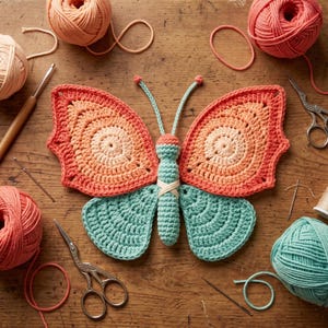Puede incluir: Una mariposa de ganchillo hecha a mano en tonos naranja, melocotón y turquesa, con un patrón de alas detallado. La mariposa está rodeada de ovillos de lana, tijeras y ganchillos sobre una superficie de madera.