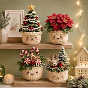 May include: Four crocheted decorative pots with smiling faces, featuring holiday themes including a Christmas tree with a yellow star, a red poinsettia plant, candy canes with a gingerbread heart, and a reindeer with a robin and small tree.