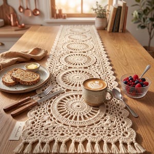 May include: A cream-colored, handmade crochet table runner with a circular design and fringe. The runner is placed on a wooden table, alongside a cup of coffee, a plate of bread, and a bowl of berries.