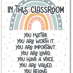 May include: A rectangular wall sign featuring a pastel rainbow graphic at the top and the text IN THIS CLASSROOM followed by YOU MATTER. YOU ARE WORTH IT. YOU ARE IMPORTANT. YOU ARE LOVED. YOU HAVE A VOICE. YOU ARE VALUED. YOU BELONG. on a white background.