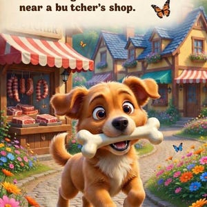 May include: A cartoon illustration depicts a happy, light brown dog running with a large bone in its mouth. The scene is set in a colorful village with a butcher shop and text that reads "Once upon a time..." and "Page 2".