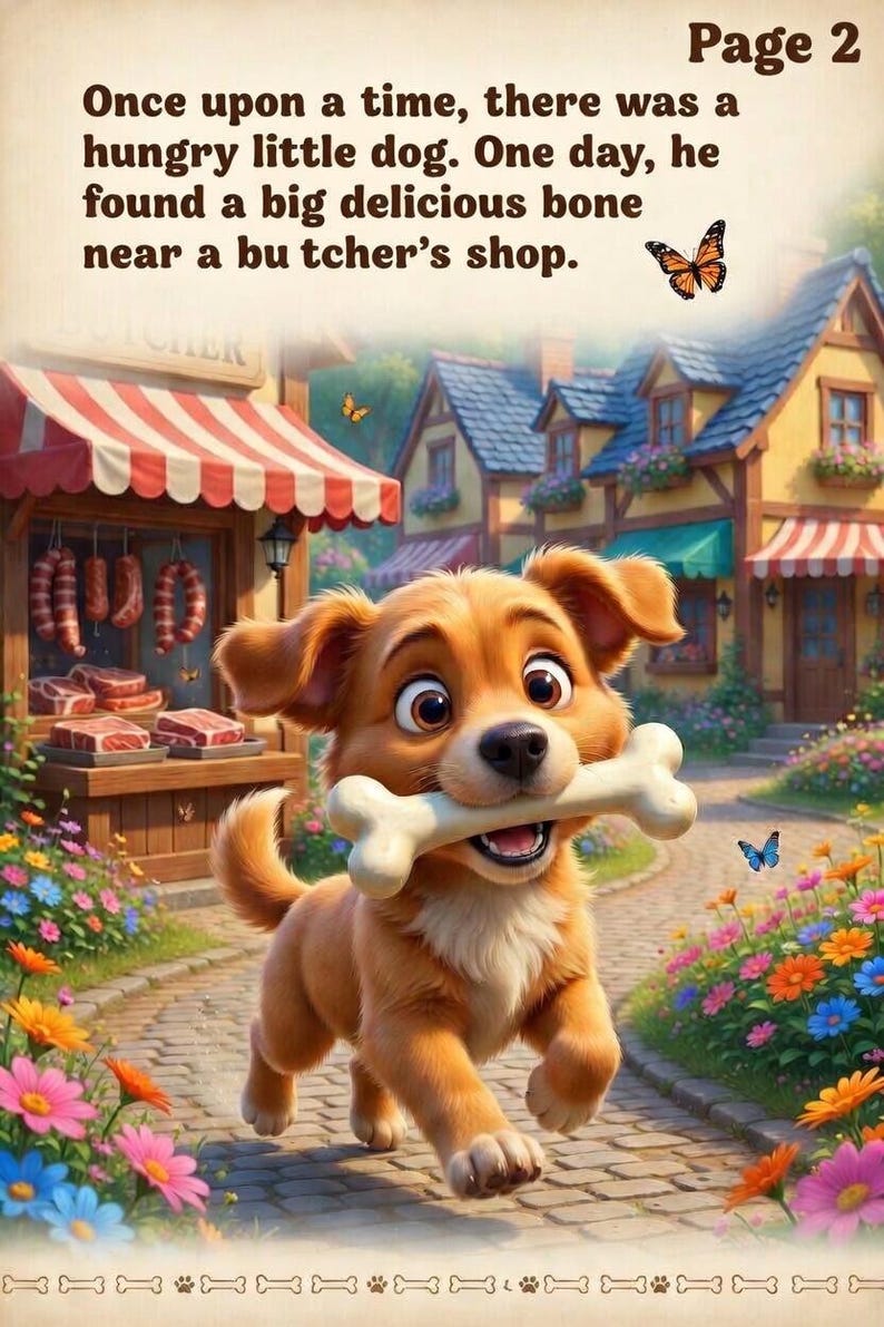 May include: A cartoon illustration depicts a happy, light brown dog running with a large bone in its mouth. The scene is set in a colorful village with a butcher shop and text that reads "Once upon a time..." and "Page 2".