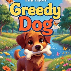 May include: A children's book cover with the title "Greedy Dog" in large, colorful letters. The illustration features a brown dog holding a bone in its mouth, set against a vibrant landscape with a river, flowers, and butterflies. The text reads "A Story About Being Happy With What You Have."