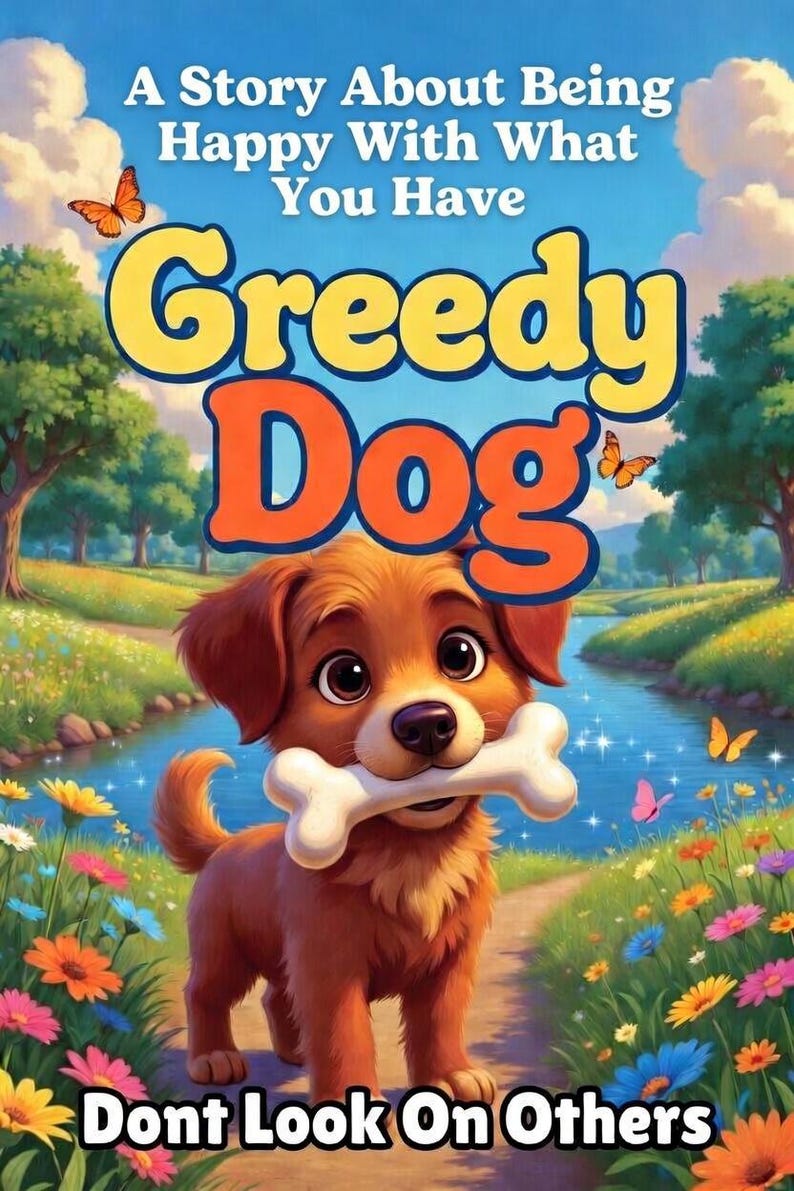 May include: A children's book cover with the title "Greedy Dog" in large, colorful letters. The illustration features a brown dog holding a bone in its mouth, set against a vibrant landscape with a river, flowers, and butterflies. The text reads "A Story About Being Happy With What You Have."