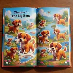 May include: Open book with colorful illustrations of cartoon puppies with bones. The text "Chapter 1: The Big Bone" is at the top. The puppies are brown and white, set against a background of nature scenes.