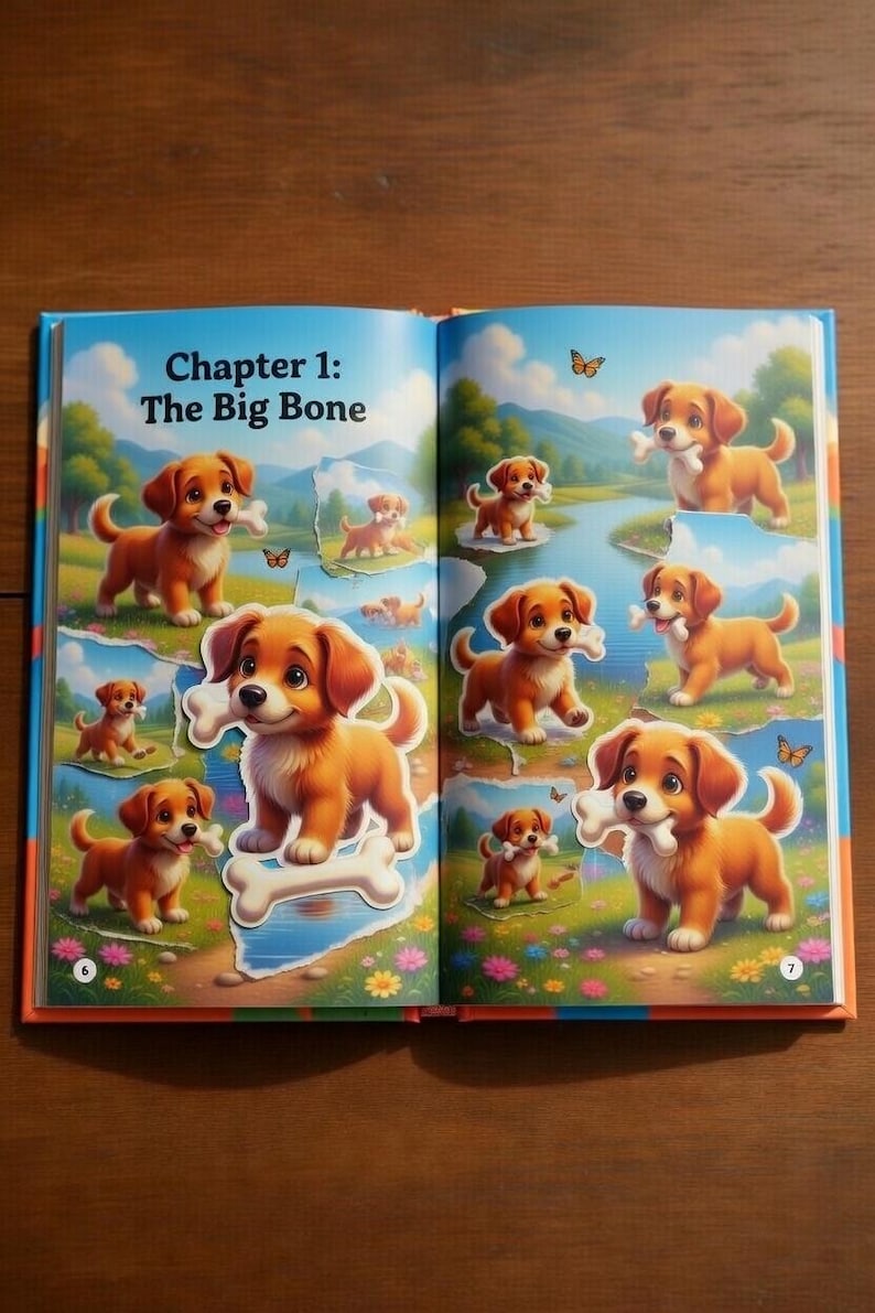 May include: Open book with colorful illustrations of cartoon puppies with bones. The text "Chapter 1: The Big Bone" is at the top. The puppies are brown and white, set against a background of nature scenes.