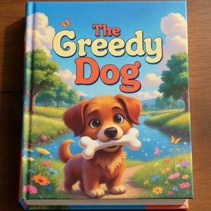 May include: A children's book titled "The Greedy Dog" features a cartoon dog holding a bone. The cover art depicts a sunny landscape with a river, trees, and flowers. The title is in large, colorful letters.
