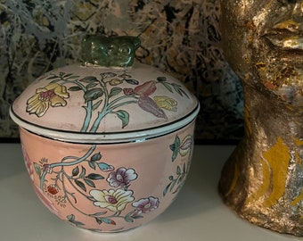 Vintage Pink and Floral Chinoiserie Lidded Jar