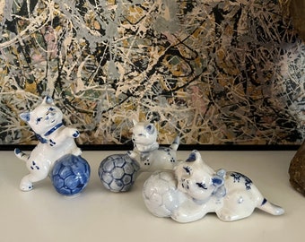 Vintage Set of Three Ceramic Blue and White Cats with Balls Figurines