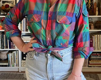 Vintage 1980s American Eagle Outfitters 100% Cotton Madras Plaid Button Front Long Sleeve Blouse / Size Medium